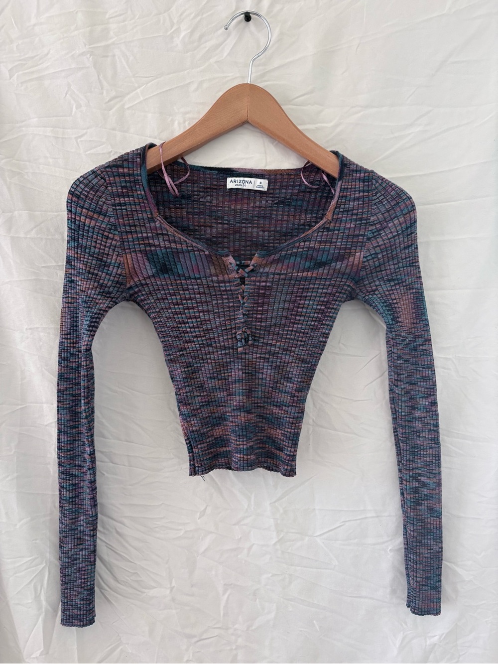 Arizona Jean Company Long Sleeve Ribbed Henley Crop Top in Blue-Purple Mix